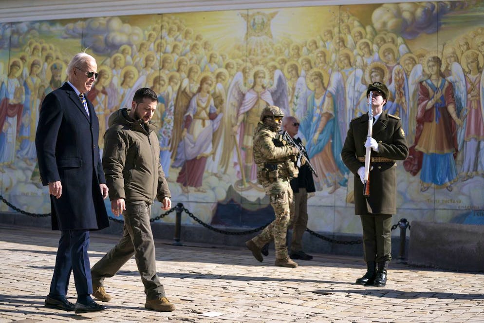 US President Joe Biden, left, walks with Ukrainian President Volodymyr Zelenskyy at St. Michael's Golden-Domed Cathedral during an unannounced visit, in Kyiv, Ukraine, Monday, Feb. 20, 2023. (AP Photo/Evan Vucci)