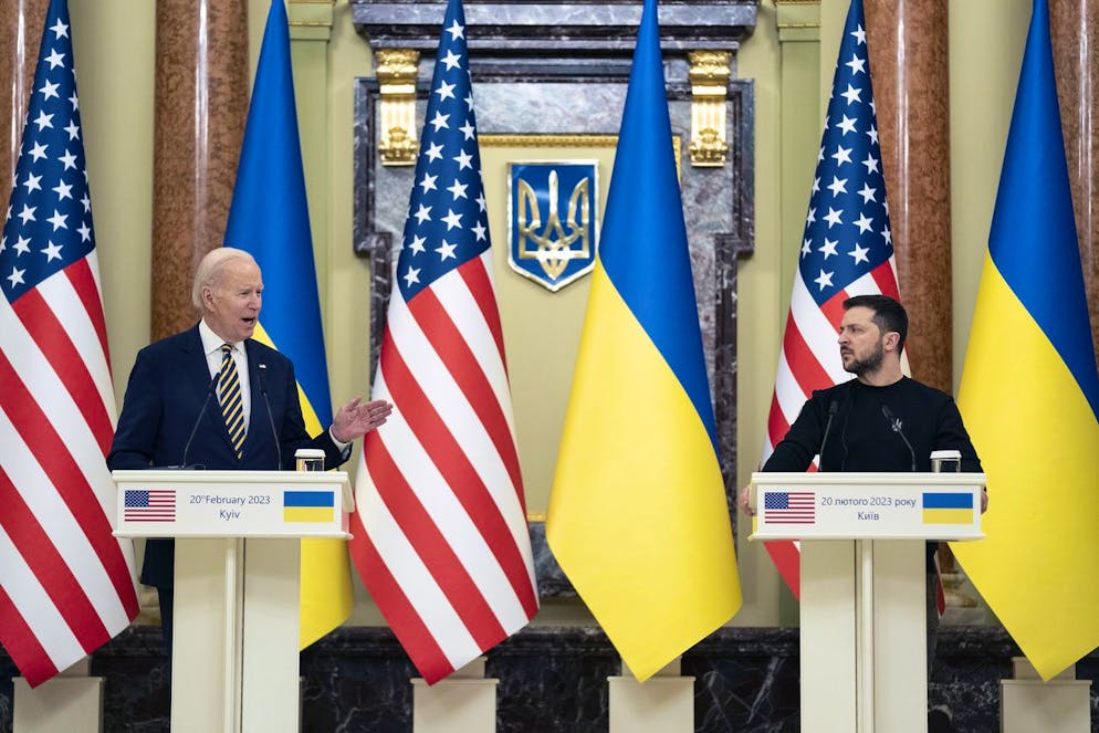 US President Joe Biden, left, delivers a statement as Ukrainian President Volodymyr Zelenskyy listens to him at Mariinsky Palace during an unannounced visit, in Kyiv, Ukraine, Monday, Feb. 20, 2023. (AP Photo/Evan Vucci)