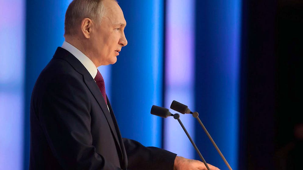 Der russische Präsident Wladimir Putin hält seine jährlichen Rede zur Lage der Nation. Foto: Mikhail Metzel/Sputnik/Kreml/AP/dpa