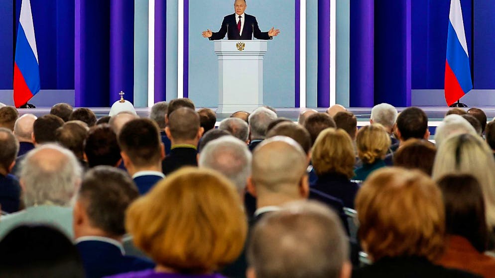 Der russische Präsident Wladimir Putin hält seine jährliche Rede zur Lage der Nation. Foto: Dmitry Astakhov/Sputnik/Kreml Pool/AP/dpa
