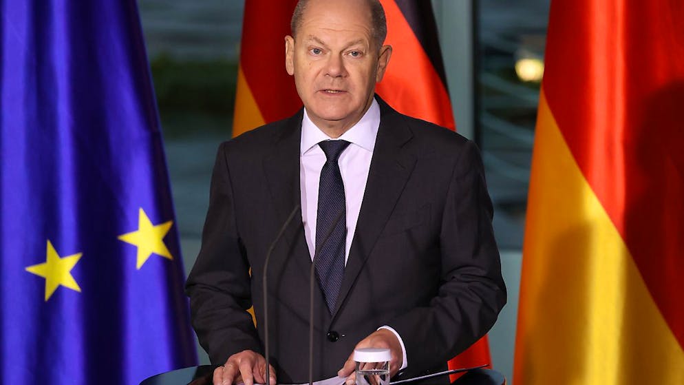 dpatopbilder - Bundeskanzler Olaf Scholz (SPD) spricht bei einer Pressekonferenz im Bundeskanzleramt im Anschluss an die G7 Leaders-Videokonferenz. Foto: Jörg Carstensen/dpa