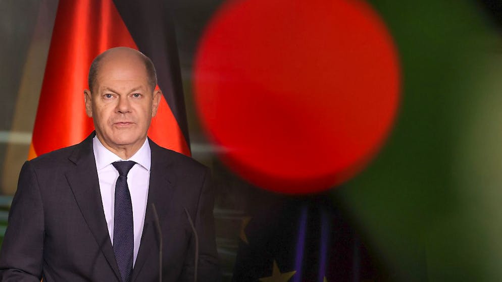 Bundeskanzler Olaf Scholz (SPD) spricht bei einer Pressekonferenz im Bundeskanzleramt im Anschluss an die G7 Leaders-Videokonferenz. Foto: Jörg Carstensen/dpa
