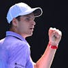 epa10421950 Hubert Hurkacz of Poland reacts while in action against Sebastian Korda of the USA during their fourth round match at the 2023 Australian Open tennis tournament at Melbourne Park in Melbourne, Australia, 22 January 2023. EPA/JOEL CARRETT AUSTRALIA AND NEW ZEALAND OUT