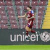 Servette's defender Yoan Severin celebrates his goal after scoring the 1:0, during the Super League soccer match of Swiss Championship between Servette FC and FC Winterthur, at the Stade de Geneve stadium, in Geneva, Switzerland, Sunday, February 26, 2023. (KEYSTONE/Salvatore Di Nolfi)