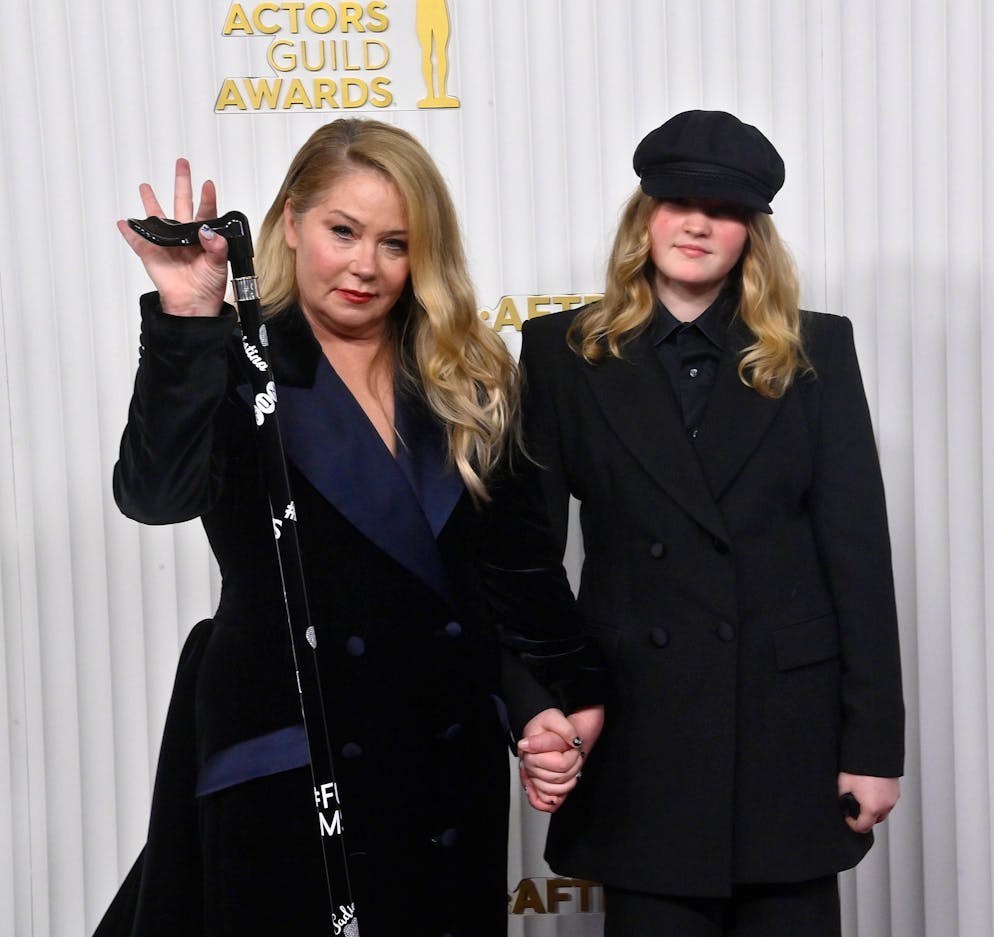 Christina Applegate.  Christina Applegate arrives at the SAG Awards in Los Angeles with her daughter, Sadie Grace LeNoble.  The actress held a stick with the inscription... 