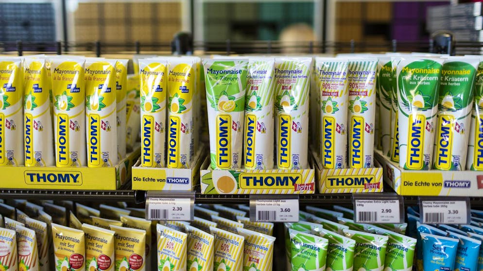 Sauce tubes by Thomy, which belongs to Nestle, on display in a Nestle shop at the Nestle production site in Orbe in the Canton of Vaud, Switzerland, on November 18, 2015. The Swiss food and beverage company Nestle was founded in 1866 and is headquartered in Vevey in the Canton of Vaud, Switzerland. It's the largest food company in the world measured by revenues. (KEYSTONE/Gaetan Bally)