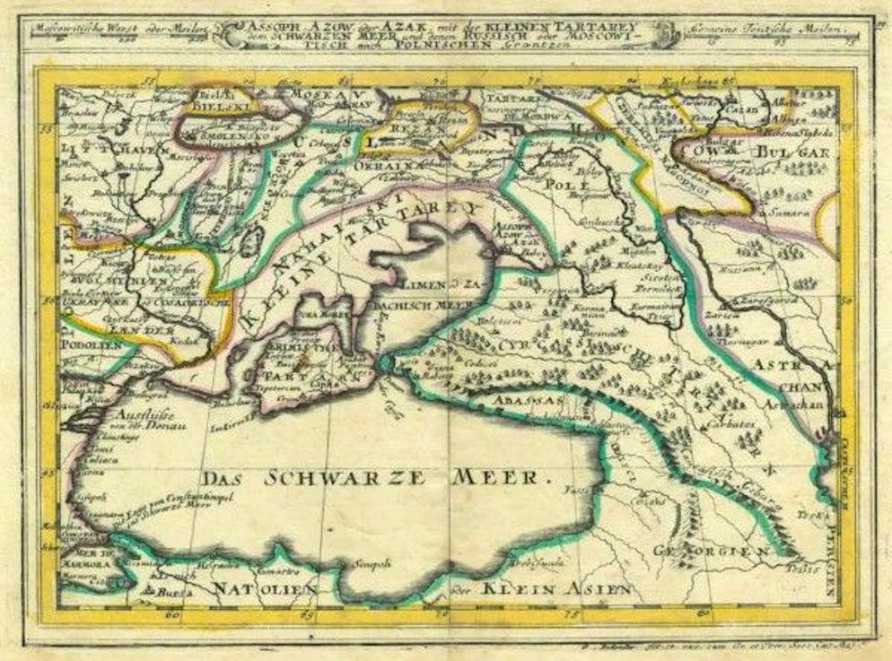 Mappa del 1716: «Assoph, Azow o Azak, con la Piccola Tartarey, il Mar Nero e quelli russi o Moscati, anche Graentzen polacco».