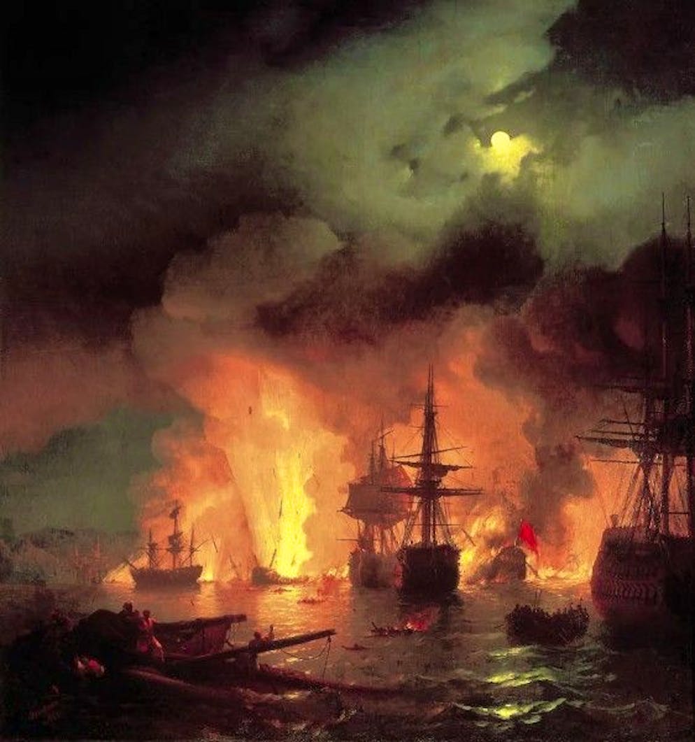 Distruzione della flotta ottomana del Mediterraneo a Çeşme nel 1770 in un dipinto del 1848 di Ivan Ayvazovsky.