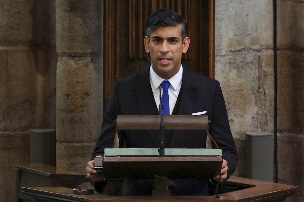L'incoronazione di Carlo III. Il primo ministro britannico Rishi Sunak parla durante la cerimonia di incoronazione del re Carlo III e della regina consorte Camilla, nell'abbazia di Westminster.