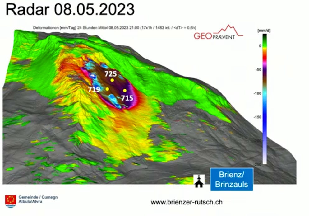 Die «Insel» im Brienzer Hangrutsch ist dunkel eingefärbt. Sie bewegt sich am schnellsten talwärts.