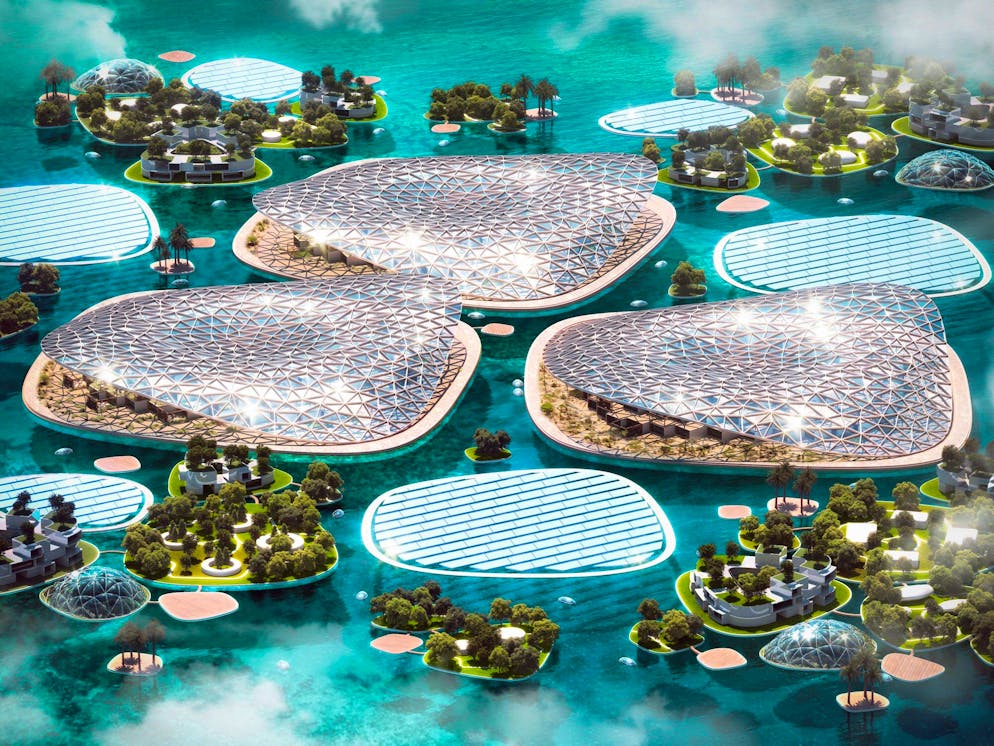 Dubai Reef - the largest artificial coral reef in the world.  The Dubai Reefs will harness the power of the ocean waves as a source of renewable and sustainable energy.  Underwater tidal turbines are also integrated into floating structures.