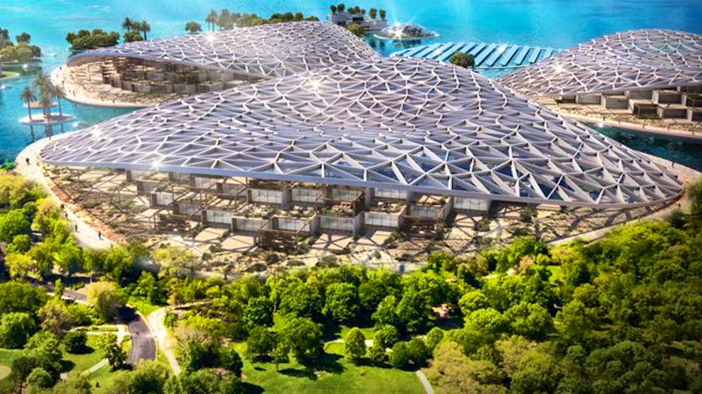 Dubai Reef - the largest artificial coral reef in the world.  Food security infrastructure includes renewable ocean farming and floating vertical farms.