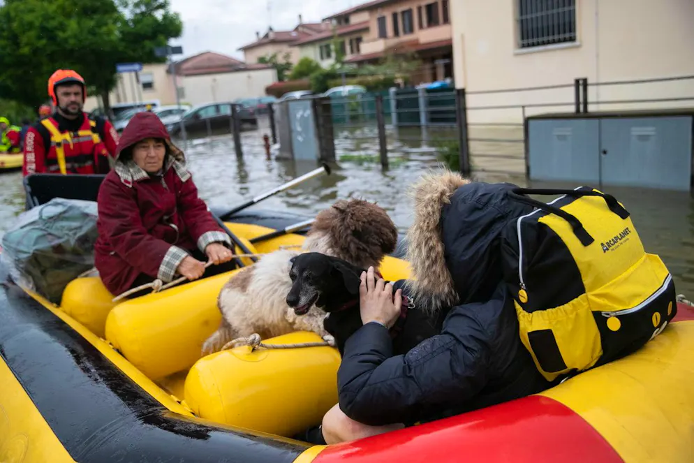 Il maltempo fa paura in Emilia Romagna. Alcuni abitanti di Lugo vengono soccorsi dai vigili del fuoco fluviali su un gommone dopo essere rimasti intrappolati dall'alluvione coi loro cani.