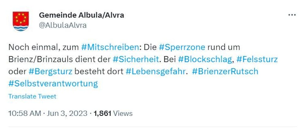 Il tweet delle autorità comunali di Albula