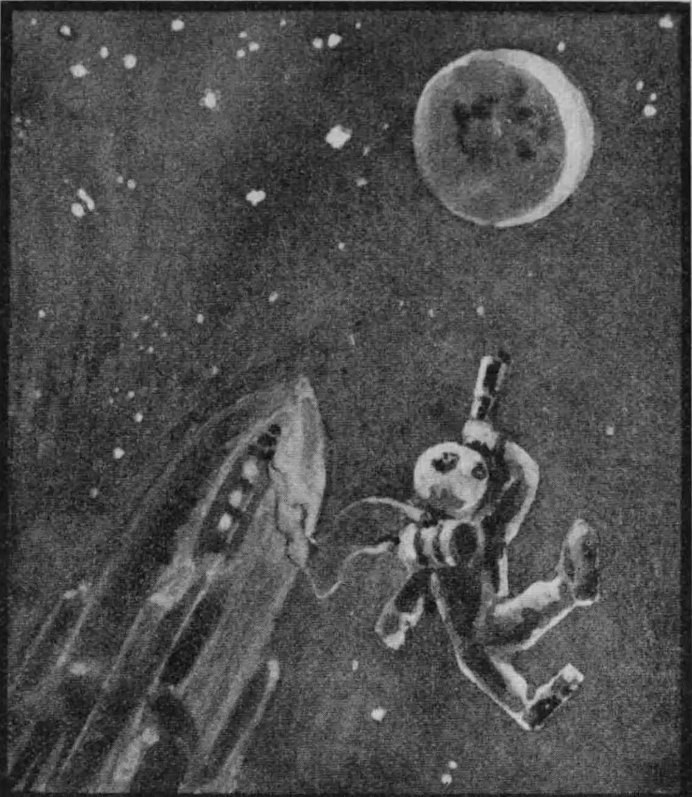 Abbildung in Valiers Buch «Der Vorstoss in den Weltenraum» von 1924: «Der Beobachter im Taucheranzug im freien Weltenraum, nur durch Kabel mit dem Raketenschiff verbunden, während der Fahrt zum Mond.»