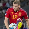 Sergio Gomez of Spain controls the ball during the Euro 2023 U21 Championship soccer match between Romania and Spain at Steaua stadium in Bucharest, Romania, Wednesday, June 21, 2023.(AP Photo/Andreea Alexandru)