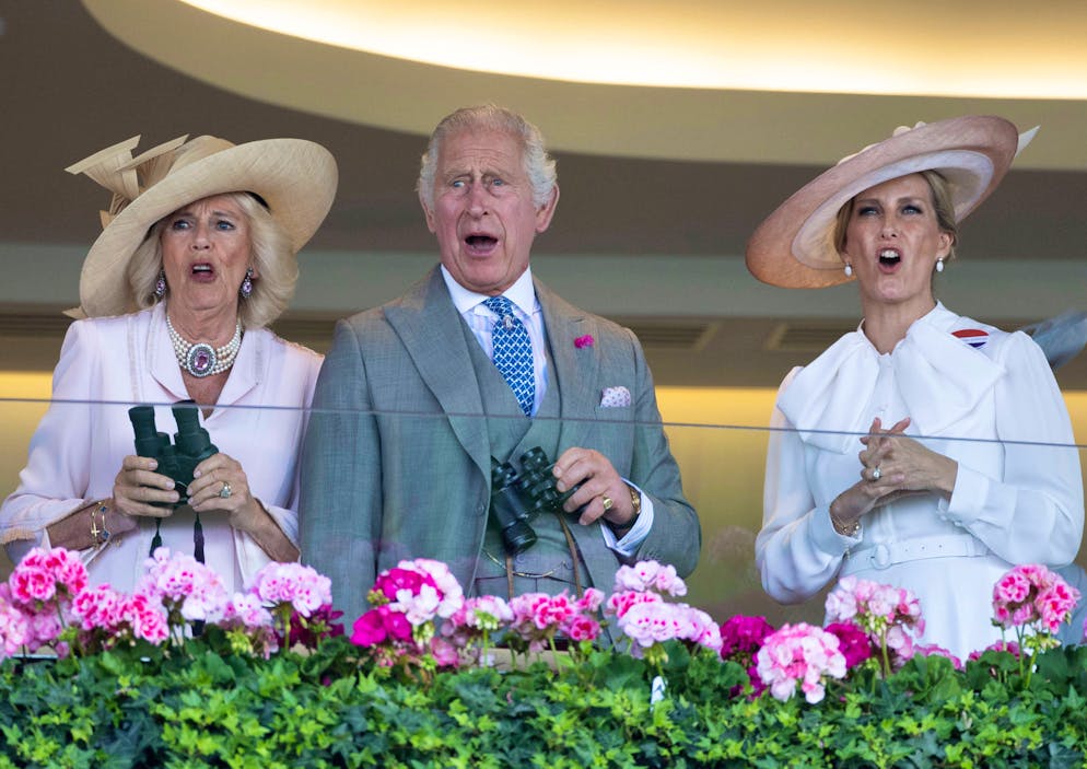 The most beautiful views from Royal Ascot.  ...in what may be the most famous horse scene in the world.  Our picture shows the Queen with King Charles III.  and daughter-in-law Sophie in the stands.