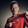 Switzerland's Julia Stierli poses for a portrait during a training camp of the Swiss women's national football team on Thursday, June 29, 2023 at the Grand Hotel des Bains in Yverdon, Switzerland. The Swiss team will take part in the Women's World Cup in Australia and New Zealand from 20 July to 20 August. (KEYSTONE/Gabriel Monnet)