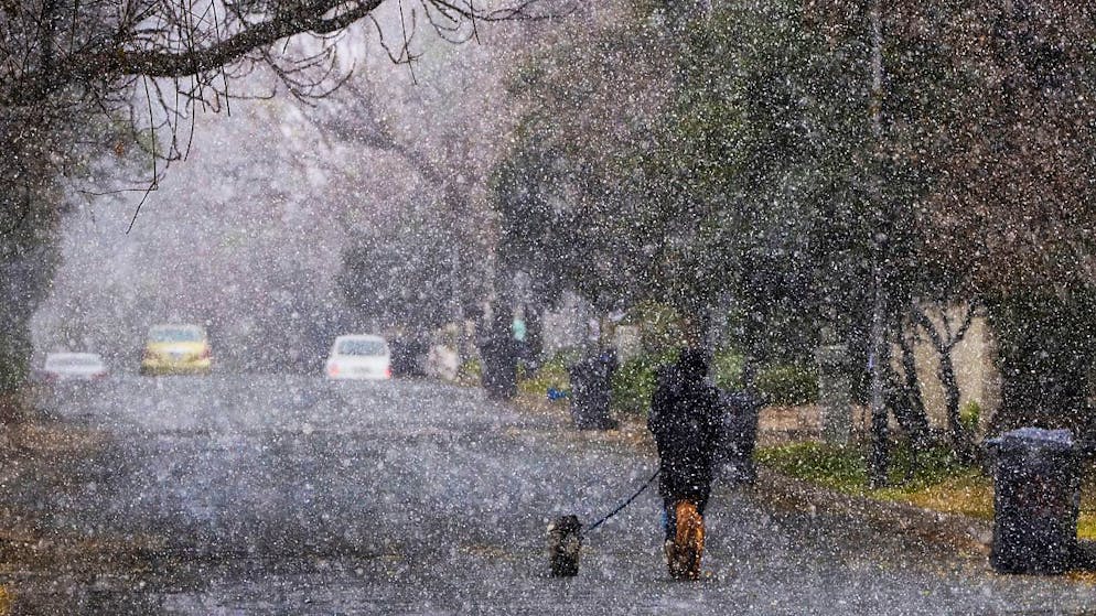 dpatopbilder - Ein Mann geht während eines Schneesturms in Johannesburg mit seinen Hunden spazieren. Foto: Jerome Delay/AP
