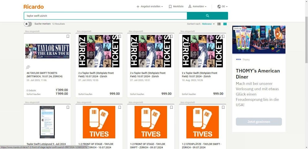 Nur wenige Minuten nachdem erste Swift-Fans ihre Tickets kaufen konnten, tauchen auf Ricardo überteuerte Tickets auf. Ein Stehplatz kostet im normalen Verkauf 163 Franken. Auf Ricardo wurde ein Stehplatz für 999 Franken angeboten. Inzwischen wurden die Angebote von der Seite genommen. 
