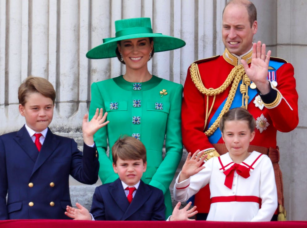 Happy birthday, Prince George.  Prince George (left) is being groomed for his role as future monarch by his parents, Princess Catherine and Prince William (rear).  To George's right are his siblings, Prince Louis and Princess Charlotte.