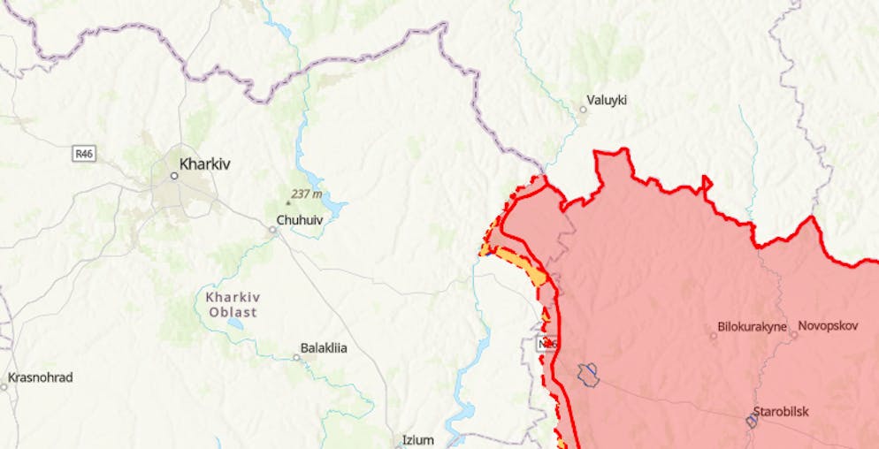 Das russische Militär berichtet von einem Vorstoss an der Front bei Kupjansk, gelb eingefärbt.