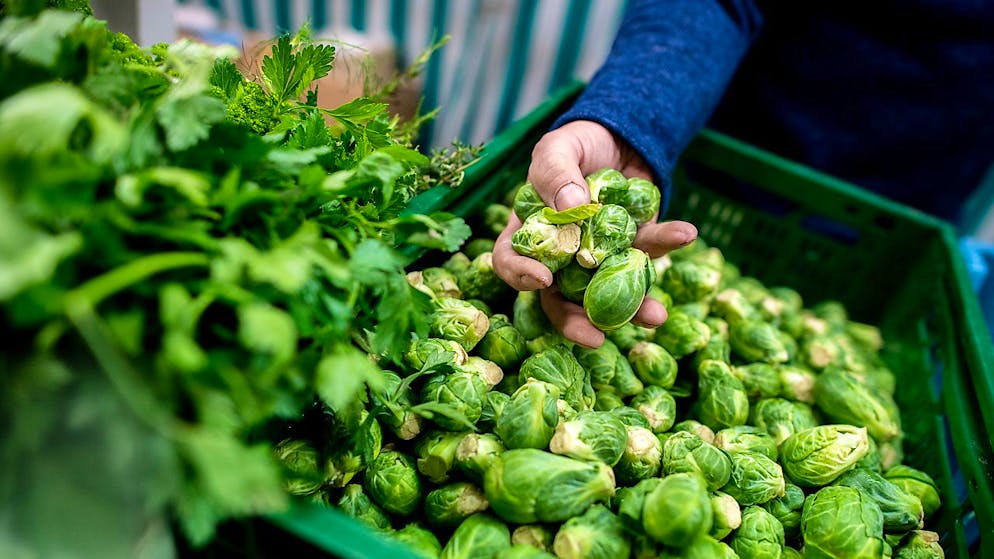 Ein Verkäufer greift an einem Obst- und Gemüsestand auf einem deutschen Wochenmarkt in eine Kiste mit Rosenkohl. Das BIP in der Eurozone hat im ersten Quartal nach einem Rückgang Ende 2022 stagniert, darum ist die Währungsgemeinschaft an einer Rezession vorbeigeschrammt. (Archivbild)
