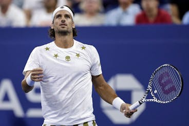 Feliciano Lopez, of Spain, reacts during a match against Daniil Medvedev, of Russia, during the third round of the U.S. Open tennis tournament Friday, Aug. 30, 2019, in New York. (AP Photo/Adam Hunger)
