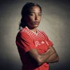 Switzerland's Eseosa Aigbogun poses for a portrait during a training camp of the Swiss women's national football team on Thursday, June 29, 2023 at the Grand Hotel des Bains in Yverdon, Switzerland. The Swiss team will take part in the Women's World Cup in Australia and New Zealand from 20 July to 20 August. (KEYSTONE/Gabriel Monnet)