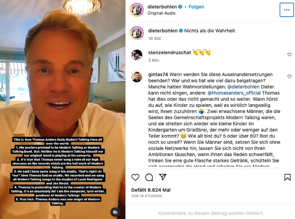 Thomas Anders und Dieter Bohlen teilen gegenseitig aus. Der Poptitan lässt die Anfeindungen von Thomas Anders nicht auf sich sitzen. Nun schiesst Dieter Bohlen auf Insta zurück. 
