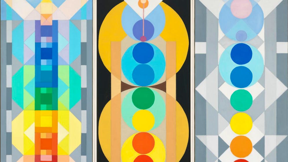 Tibetische Mönche erschaffen ein Mandala im Kunstmuseum Basel - Gallery. Chakra-Elemente im "Triptych, Number 700" (1961) von Charmion von Wiegand.