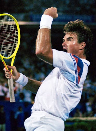 FILE - In this Sept. 5, 1991, file photo, Jimmy Connors celebrates a point against Paul Haarhuis, of the Netherlands, during their quarterfinals match at the U.S. Open tennis tournament in New York. Fans can look forward to a variety of grunts, shrieks and hoots as the start of the U.S. Open approaches on Monday, Aug. 27, 2012. Noisemaking competitors have stirred reactions from tennis enthusiasts and opposing competitors alike, causing governing bodies to look for ways to regulate the sound level. The Associated Press takes a look at offenders past and present, the hindrance rule, and how to tame the grunters. (AP Photo/Elise Amendola, File)