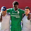 Yverdon's defender Breston Malula, injured, leaves the pitch helping by medical staff, during the Super League soccer match of Swiss Championship between Yverdon Sport FC and BSC Young Boys, at the Stade de la Maladiere stadium, in Neuchatel, Switzerland, Sunday, July 30, 2023. (KEYSTONE/Salvatore Di Nolfi)