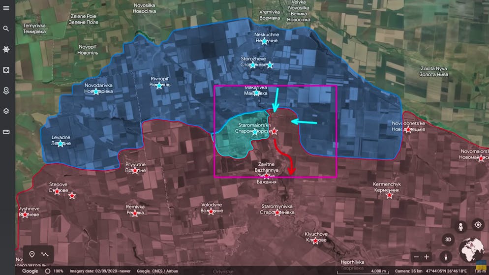 Dank der Eroberung von Staromajrske (hellblau) kann nun Urozhaine auf der anderen Seite des Mokri Jaly von drei Seiten angegriffen werden.