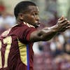 Servette's forward Dereck Kutesa reacts, during the Super League soccer match of Swiss Championship between Servette FC and FC Zuerich, at the Stade de Geneve stadium, in Geneva, Switzerland, Saturday, July 29, 2023. (KEYSTONE/Salvatore Di Nolfi)