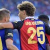 Basels Spieler jubeln nach dem Tor zum 4:2 im Fussball Meisterschaftsspiel der Regular Season der Super League zwischen dem FC Basel 1893 und dem FC Winterthur im Stadion St. Jakob-Park in Basel, am Sonntag, 30. Juli 2023. (KEYSTONE/Georgios Kefalas)