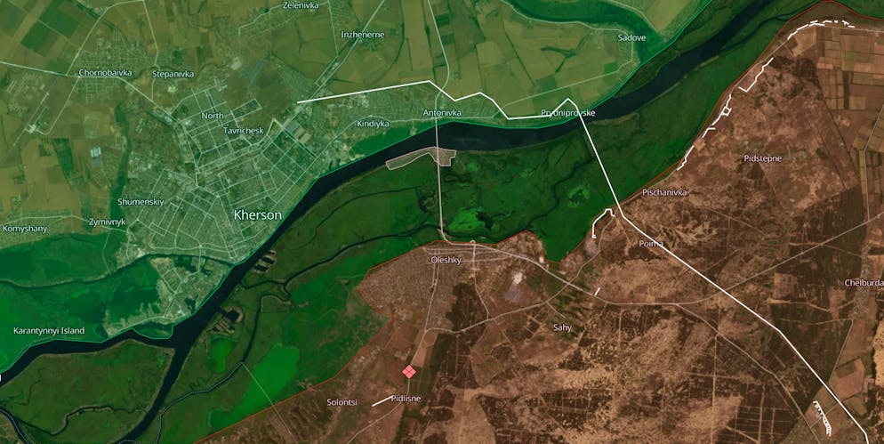 Grau markiert: der ukrainische Brückenkopf am linken Dnjepr-Ufer. Die russische 7. Garde-Luftsturm-Division hält die ukrainischen Spezialkräfte in Schach.