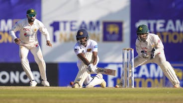 Sri Lanka's Ramesh Mendis plays a shot during the fourth day of the first cricket test match between Sri Lanka and Pakistan in Galle, Sri Lanka, Wednesday, July 19, 2023. (AP Photo/Eranga Jayawardena)