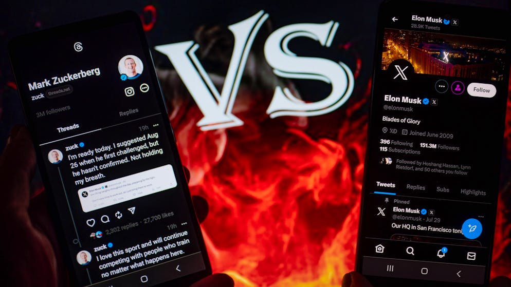 Illustration zum Austausch von Mark Zuckerberg und Elon Musk auf Threads und X (ehemals Twitter). 