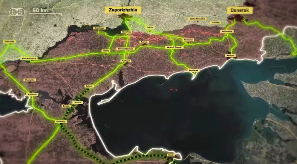 Situazione in Ucraina. A sud-est, la Crimea è collegata alla Russia dal ponte di Kerch. Da un lato, la linea ferroviaria conduce a Kherson, che è in mano agli ucraini. Dall'altro, conduce a Zaporizhzhya attraverso il ponte di Chonhar.