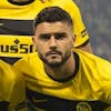 YB's players pose prior to the UEFA Champions League Play-offs 2nd leg match between Switzerland's BSC Young Boys and Israel's Maccabi Haifa, at the Wankdorf stadium, in Berne, Switzerland, Tuesday, August 29, 2023. (KEYSTONE/Peter Klaunzer)