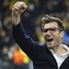 Young Boys' head coach Raphael Wicky reacts after the UEFA Champions League Play-offs 2nd leg match between Switzerland's BSC Young Boys and Israel's Maccabi Haifa, at the Wankdorf stadium, in Berne, Switzerland, Tuesday, Aug. 29, 2023. (Peter Klaunzer/Keystone via AP)