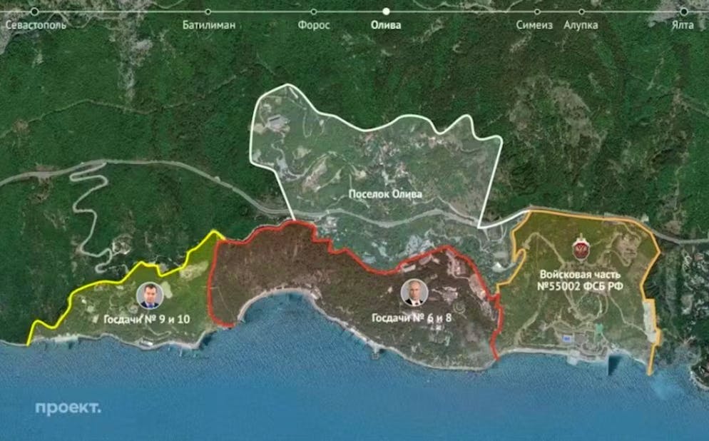La dacia di Putin in Crimea. ... ma il presidente russo Vladimir Putin (zona rossa), il suo cane da guardia Medvedev (zona gialla) e il capo dell'FSO Alexander Brotnikov (zona arancione).