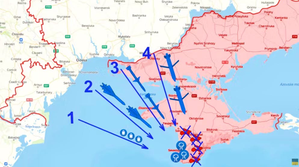 Droni marini (1), missili S-200 (2) per testare le difese aeree e missili anti-radar (3) per disattivarli o disabilitarli, spianando così la strada all'attacco Storm Shadow (4), secondo Reporting from Ukraine.