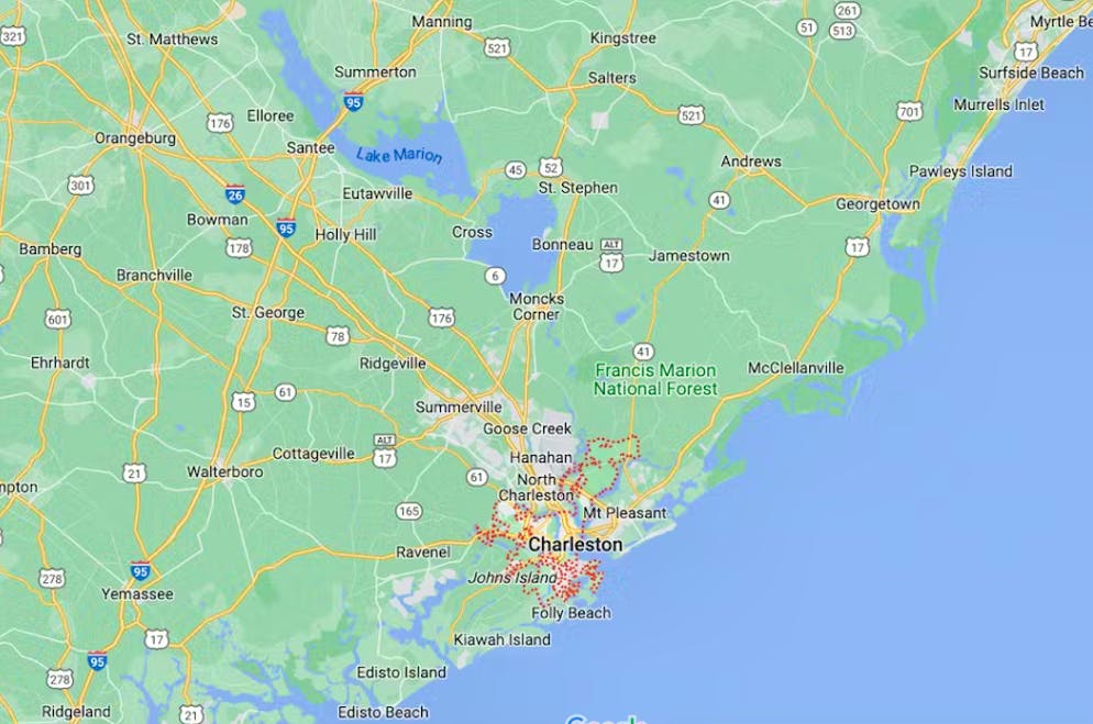 I due laghi Lake Moultrie e Lake Marion a nord di Charleston: è qui che l'F-35 è stato segnalato l'ultima volta.