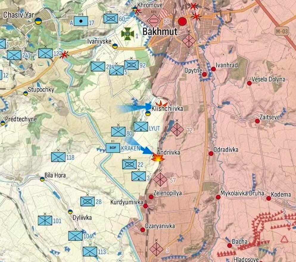 Il terrapieno ferroviario è la nuova linea di difesa russa, dove continuano i feroci combattimenti. La linea gialla: l'autostrada che porta da Bakhmut a Horlivka. La situazione è del 20 settembre.