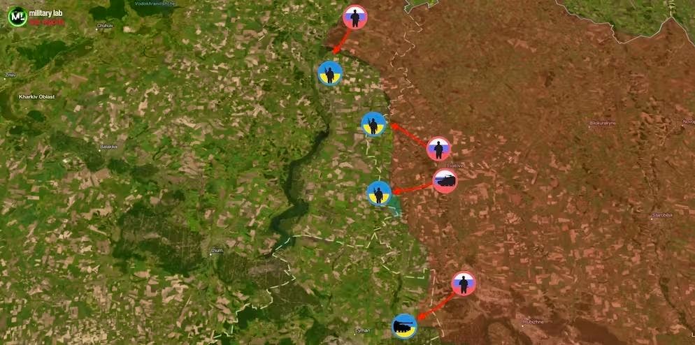 Le località da nord a sud (per le icone ucraine): Kupjansk, Novoselivske, Novojehorivka e Torske, dove i russi sono riusciti ad avanzare più a ovest.
