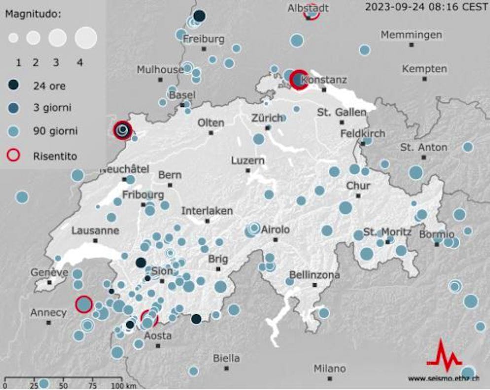 La cartina aggiornata del SED con le ultime segnalazioni di attività sismica in Svizzera.