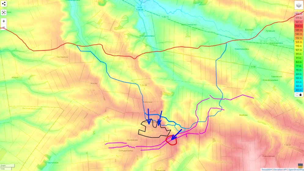 Höhenkarte der Front bei Robotyne. Rot eingekreist: die erhöhte russische Stellung, die Nowoprokopiwka verteidigt.
