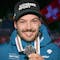 Second placed Loic Meillard of Switzerland celebrates during the medal ceremony of the men's giant slalom race at the 2023 FIS Alpine Skiing World Championships in Courchevel/Meribel, France, Friday, February 17, 2023. (KEYSTONE/Jean-Christophe Bott)